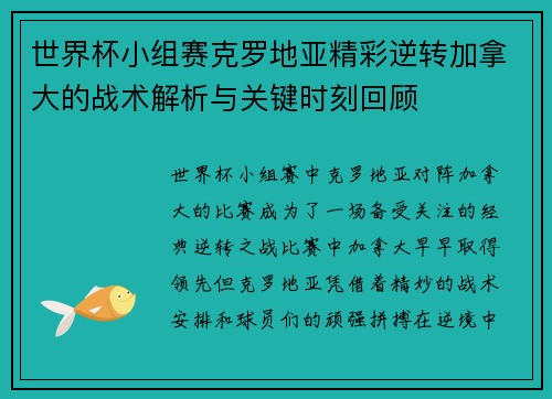 世界杯小组赛克罗地亚精彩逆转加拿大的战术解析与关键时刻回顾