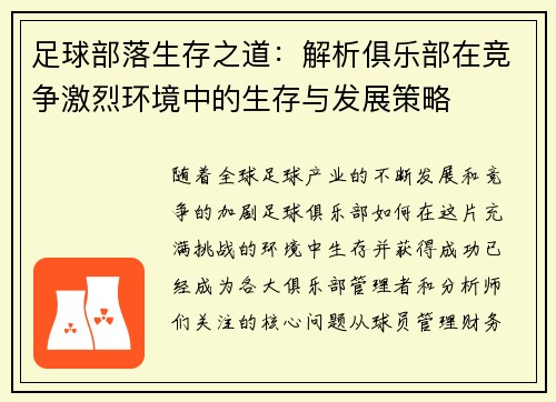 足球部落生存之道：解析俱乐部在竞争激烈环境中的生存与发展策略